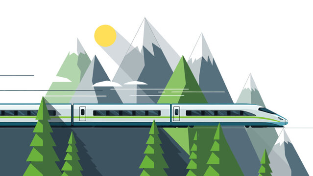 Modern high-speed bullet train speeding through a minimalist mountain landscape with green pine trees and snow-capped peaks in a flat vector illustration style.