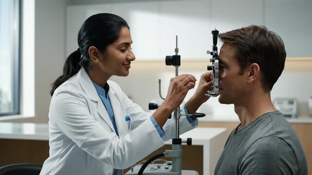 Female Optometrist Performing a Detailed Eye Exam on a Male Patient in a Clinic.