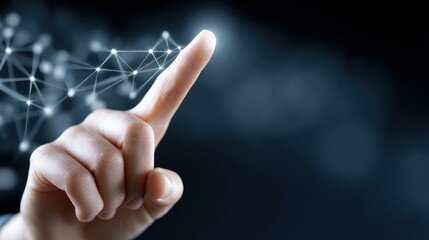 Hand Gesture Touching Digital Network Connection Concept on Dark Background with Glowing Nodes and Lines Representing Data and Technology Interaction