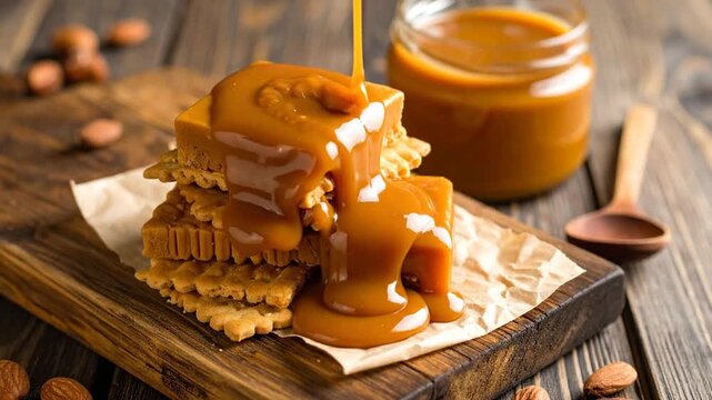 Caramel Sauce Pouring Over Stacked Wafers and Jar