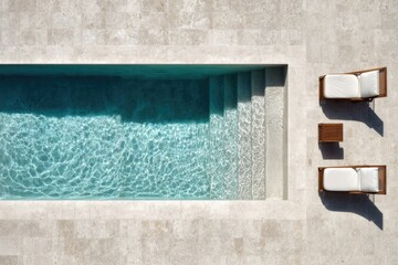 Aerial view of a modern swimming pool with lounge chairs and side table