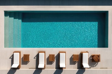 Minimalist luxury hotel pool with white loungers and teak accents
