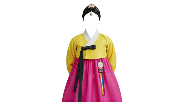 Child's Yellow and Pink Hanbok with Hair Ornament
