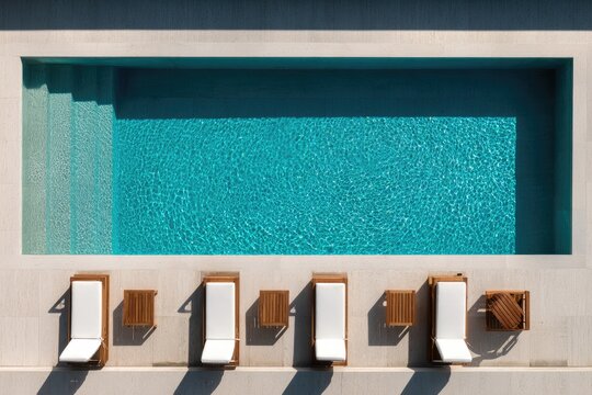 Minimalist luxury hotel pool with white loungers and teak accents