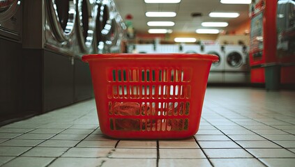 Red laundry basket filled with clothes sits on tiled floor in laundromat