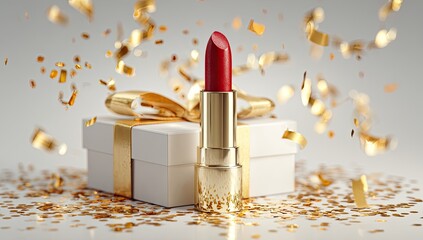 A red lipstick stands before a gift box, surrounded by falling gold confetti