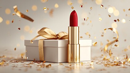 Elegant red lipstick and gift box surrounded by golden confetti