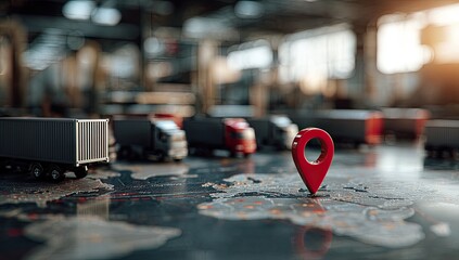 Red location pin on map with trucks in background