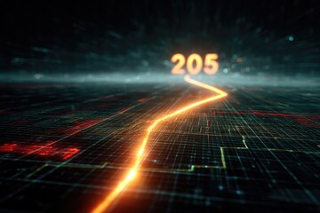 Abstract digital landscape with glowing orange line and glowing numbers