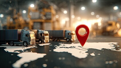 Global logistics network with trucks and map pin on world map