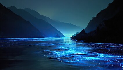 Luminescent river glows with vibrant blue under dark, misty mountains