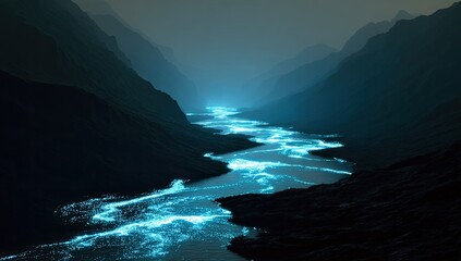 Glowing river flows through a dark, misty canyon at twilight