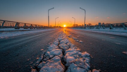 Cracked asphalt road stretches towards a glowing sunrise over a winter landscape