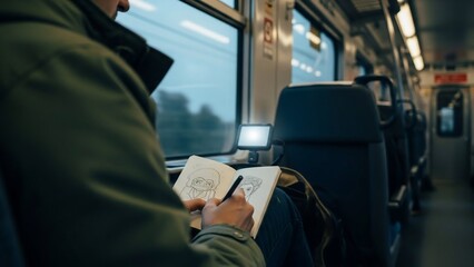 Man writing in notebook while sitting on train.