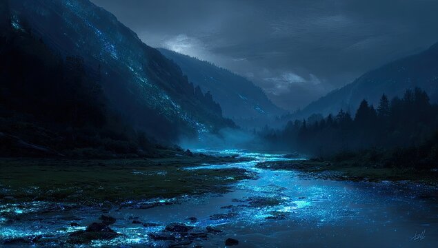 Mystical mountain valley with glowing river under a twilight sky