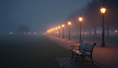 Dimly lit pathway in fog, a solitary bench beckons with glowing lamps