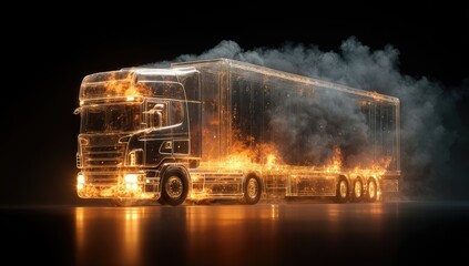 Wireframe truck engulfed in flames and smoke against a dark background