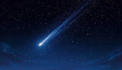 A bright streak of light, a shooting star, arcs across a starry night sky