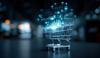 Futuristic shopping cart with glowing data visualizations