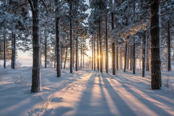Winter Forest Scene with Sunburst Through Snow Covered Trees Casting Long Shadows on White Ground at Sunset in a Serene Landscape