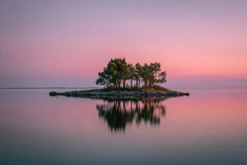 Small island with trees reflected in still water at sunset