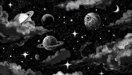 Celestial bodies and swirling clouds against a starry cosmic expanse