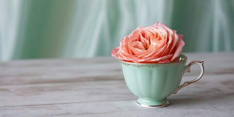 a pink rose in a mint green teacup on a table