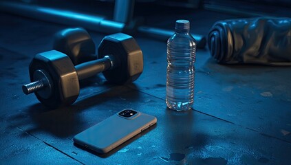 Dumbbell, water bottle, and phone sit on gym floor with blue lighting