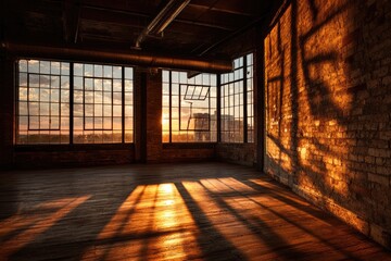 Empty industrial loft with sunbeams streaming through large windows