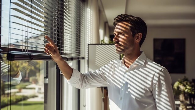Man standing by the window with blinds open in a modern home.