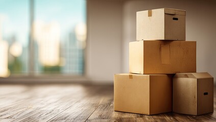 Stacked cardboard boxes on wooden floor, empty room with city view