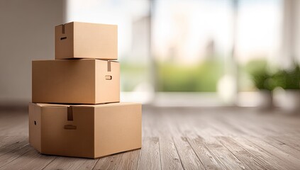 Stacked cardboard boxes on a wooden floor, bright room, blurred outdoor background
