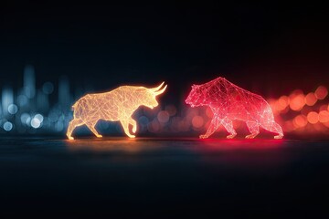 Glowing bull and bear figures face off in a digital, abstract arena