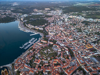 Pula city panorama and bell tower - aerial drone view, Croatia