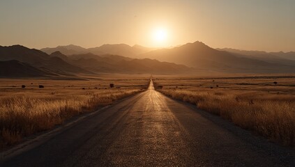 Endless road through dry savanna landscape under a setting sun