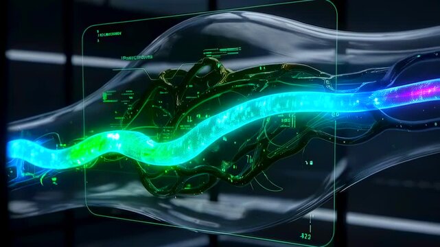 animated neural conduit with glowing pulses electric waves travel along translucent axon inside glass biochip, futuristic lab interface displays mapping and data analysis by neuroscientist