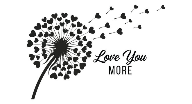 A delicate dandelion clock formed from hearts with loving words an elegant silhouette high quality