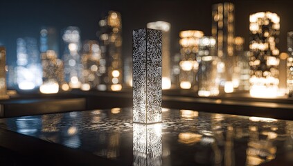 Illuminated abstract rectangular monolith center stage in a blurred futuristic cityscape