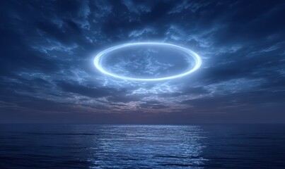 Ethereal blue ring hovers over calm ocean under dramatic sky