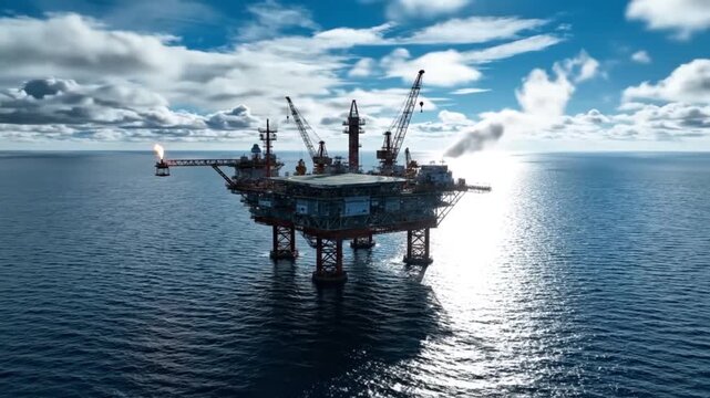 Offshore oil rig platform in the ocean under a cloudy sky.