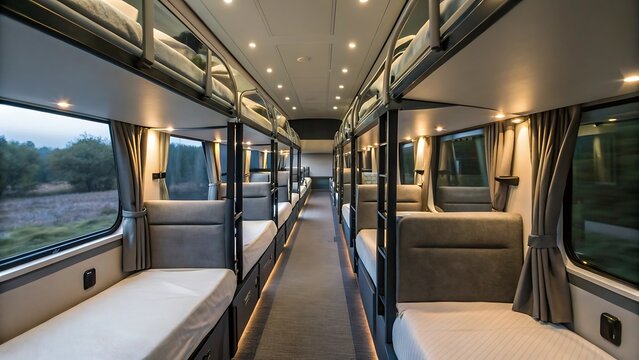 Interior view of a modern sleeper bus coach with bunk beds and aisle, offering comfortable travel.