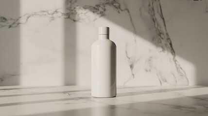 a white bottle on a marble surface with shadows