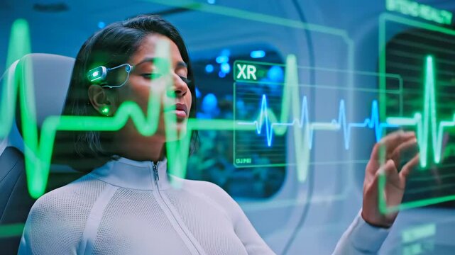 patient seated in XR recliner with telemetry overlay, green ECG line and biometric HUD float before face, peaceful reclined posture with headset sensors, cuttingedge wellness pod