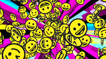 Explosion of yellow smiley faces on pop art background