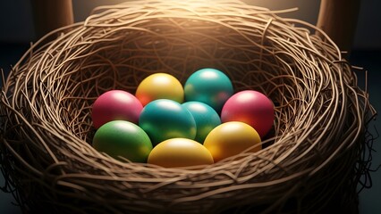 Fototapeta premium Easter eggs in a bird's nest colorful symbol of easter holiday and springtime