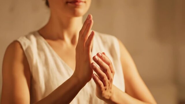 Serene woman practicing mindful hand gestures for meditation and prayer.