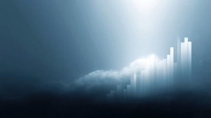 Fototapeta premium Abstract Concept of Growth in a Blue Atmosphere with Cloudy Background and Rising Bars Representing Financial Success and Progression in Business Metrics