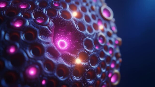 Close-up of illuminated islets of langerhans in a dark blue pancreatic tissue under microscopic view.