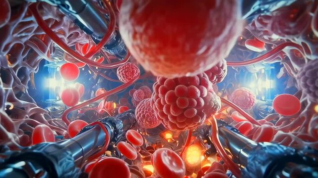 Nanorobots navigating bloodstream to target tumor cells, oncologist deploys precision microrobots for cancer therapy red blood cells swirl, robotic instruments engage malignant masses