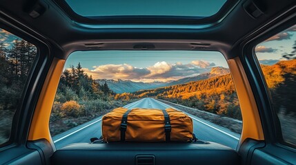 A view from the back of a car of a long, winding road through a forest with mountains in the distance.